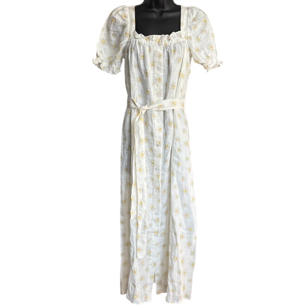NWT Sleeper Brigitte Floral Midi Dress Sz‎ S 100% Linen White Yellow Daisies